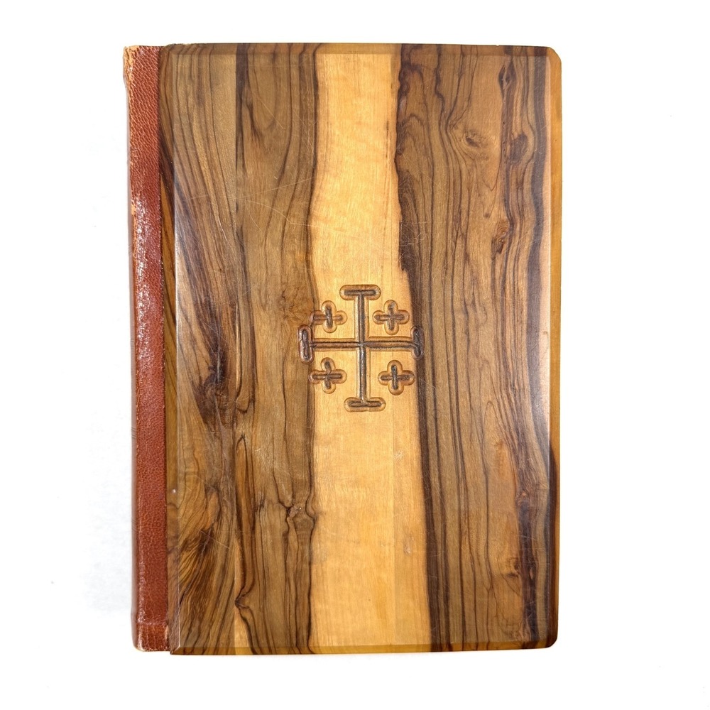 Holy Bible Jerusalem Wooden Cover Cross Illustrated 1975 Hardcover / Great Shape